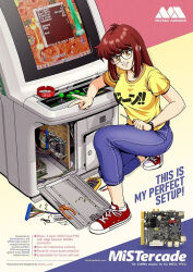  1girl arcade_cabinet blue_pants breasts brown_hair capri_pants circuit_board coin commentary converse denim donna_(jose_salot) english_commentary english_text full_body glasses grin holding holding_screwdriver jeans jose_salot large_breasts long_hair motherboard multimeter on_one_knee original pants pliers promotional_art red_shoes repairing screw screwdriver shirt shoes smile solo t-shirt twitter_username v very_long_hair watch watch yellow_eyes yellow_shirt 