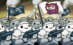  absurdres armor army commentary flag gun guyrys highres hololive hololive_english horns irys_(hololive) keenbiscuit long_hair pointy_ears red_hair smoke untranslatable_commentary virtual_youtuber weapon 