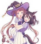  2girls animal_ears black_hair blush bow bowtie brown_footwear brown_hair hair_rings hat highres horse_ears horse_girl horse_tail kitasan_black_(umamusume) komasawa_(fmn-ppp) lifting_person long_hair multicolored_hair multiple_girls open_mouth purple_shirt red_eyes sailor_collar shirt shoes short_sleeves simple_background skirt smile standing streaked_hair sweep_tosho_(umamusume) tail tail_through_clothes thigh-highs twintails two_side_up umamusume violet_eyes white_background white_skirt white_thighhighs witch_hat 