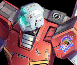 aqua_assault_visor assault_visor black_background commentary from_above glowing gm_(mobile_suit) gundam looking_to_the_side mecha mecha_focus mobile_suit_gundam no_humans robot scratched_paint simple_background solo sticker taedu 