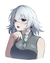  1girl alternate_costume blue_eyes blush bow braid breasts contemporary earrings green_bow grey_hair grey_sweater hair_between_eyes hair_bow highres izayoi_sakuya jewelry large_breasts long_hair looking_at_viewer missing_headwear open_mouth simple_background sleeveless sleeveless_sweater solo sweater tenx2_1341 touhou twin_braids upper_body white_background 
