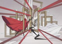  1girl 1other 2theart0704 armor arthropod_girl black_eyes black_skin breastplate cape cloak colored_skin empty_picture_frame full_body highres hollow_eyes hollow_knight hollow_knight_(character) horned_mask hornet_(hollow_knight) horns mask on_one_knee picture_frame pure_vessel red_cloak shoulder_armor sparkle standing white_cape white_mask 