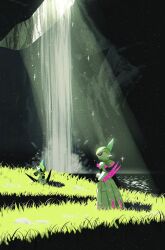  area_zero arm_blade black_sclera cave_interior colored_sclera double_blade fukkatsu_no_maya grass highres humanoid_robot iron_valiant joints light_rays mohawk no_humans on_ground pink_eyes pokemon pokemon_(creature) pokemon_focus robot robot_joints rock sitting standing waist_cape water waterfall weapon 