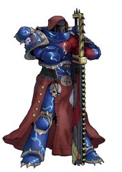  1boy absurdres adeptus_astartes armor blue_armor chainsword chaos_space_marine commentary ebonyxh english_commentary full_armor full_body highres holding holding_sword holding_weapon night_lords pauldrons planted planted_sword power_armor shoulder_armor solo standing sword warhammer_40k weapon white_background 
