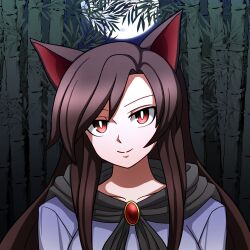  1girl animal_ears bamboo bamboo_forest bright_pupils brooch brown_hair closed_mouth commentary_request dot_nose dress forest full_moon gem head_tilt highres hoshii_1213 imaizumi_kagerou jewelry long_hair looking_at_viewer moon nature night outdoors purple_dress red_eyes red_gem smile solo split_mouth straight-on touhou white_pupils wolf_ears wolf_girl 
