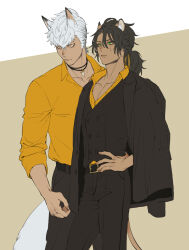  2boys animal_ears black_hair black_jacket black_vest commentary_request cowboy_shot dark-skinned_male dark_skin green_eyes hand_on_own_hip highres jack_howl jacket jacket_on_shoulders ki_toji leona_kingscholar lion_boy lion_ears lion_tail looking_to_the_side male_focus multiple_boys scar scar_across_eye scar_on_face shirt standing tail twisted_wonderland vest white_hair wolf_boy wolf_ears wolf_tail yellow_background yellow_eyes yellow_shirt 