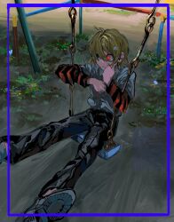  1other ahoge androgynous black_pants black_shoes blonde_hair blood blood_on_face cat_hair_ornament closed_mouth collared_shirt commentary_request flower from_above glowing glowing_eye grass grey_eyes hair_between_eyes hair_ornament hand_on_own_face heterochromia highres inset_border john_end layered_sleeves light_frown long_hair_between_eyes long_sleeves looking_to_the_side on_swing orange_sleeves original other_focus outdoors outstretched_legs pants plant red_eyes school_uniform shirt shoes short_over_long_sleeves short_sleeves sidelocks striped_sleeves swept_bangs swing swing_set two-tone_sleeves white_shirt 
