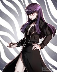  1girl alt_text black_dress black_jacket breasts commentary cowboy_shot dress english_commentary glasses gzei hand_on_own_hip highres jacket long_hair long_sleeves looking_at_viewer medium_breasts open_clothes open_jacket purple_hair red_eyes shizuhara_hiruko solo the_hundred_line_-last_defense_academy- two-tone_background watermark white_background 