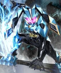  1girl absurdres animal_ears armor black_bodysuit blue_armor bodysuit electricity glowing glowing_eyes highres kamen_rider kamen_rider_datt kamen_rider_my-th_(series) lightning looking_at_viewer pink_eyes rabbit_ears rain reiei_8 rider_belt signature slash_born_buckle solo tokusatsu violet_eyes 