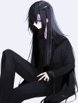  androgynous black_hair black_pants black_shirt blue_eyes earrings facing_to_the_side gender_request grey_background jewelry long_hair long_sleeves looking_at_viewer original pants shirt sitting sketch sleeves_past_wrists stud_earrings very_long_hair waka_(shark_waka) 