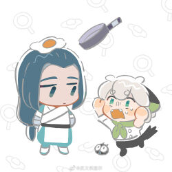  2boys animal_ears arms_behind_back cat_boy cat_ears chef chibi chibi_only chinese_clothes chinese_commentary commentary_request fanyixia_jier fried_egg frying_pan heixiu long_hair looking_at_another low_ponytail luo_xiaohei luo_xiaohei_(human) male_focus multiple_boys ponytail simple_background the_legend_of_luo_xiaohei watermark weibo_username weibo_watermark white_hair wuxian_(the_legend_of_luo_xiaohei) 