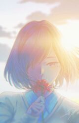  1girl absurdres bloom blue_eyes brown_hair check_commentary clouds collared_shirt commentary_request fantasy flower highres holding holding_flower looking_at_viewer mole mole_under_eye nengoro one_eye_covered original shirt short_hair solo spider_lily sweater upper_body wind wind_lift 