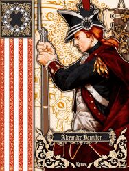  alexander_hamilton american_flag american_revolution antique_firearm blue_coat blue_eyes cape clothing_request coat dragoon epaulettes eschatonicism fasces_(object) firelock flintlock from_side gun highres holding holding_weapon orange_hair pants real_life red_cape shirt signature soldier upper_body weapon weapon_request white_pants white_shirt 