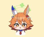  +_+ 1girl :3 animal_ears blue_archive blush_stickers chibi clover_hair_ornament daruma_doll ear_covers flipped_hair hair_between_eyes hair_ornament halo highres horse_ears horse_girl looking_at_viewer matikanefukukitaru_(umamusume) mei_(meimyan) neckerchief orange_eyes orange_hair red_neckerchief sailor_collar shirt short_hair simple_background single_ear_cover solo umamusume upper_body white_shirt yellow_background 