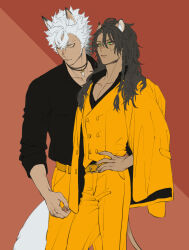  2boys animal_ears black_hair black_shirt commentary_request cowboy_shot dark-skinned_male dark_skin green_eyes hand_on_own_hip highres jack_howl jacket jacket_on_shoulders ki_toji leona_kingscholar lion_boy lion_ears lion_tail looking_to_the_side male_focus multiple_boys red_background scar scar_across_eye scar_on_face shirt standing tail twisted_wonderland vest white_hair wolf_boy wolf_ears wolf_tail yellow_eyes yellow_jacket yellow_vest 