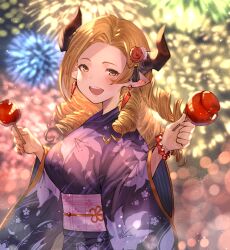  1girl aerial_fireworks ayacho blonde_hair blurry blurry_background blush bracelet breasts commentary_request draph dress drill_hair earrings fireworks floral_print food granblue_fantasy horns japanese_clothes jewelry kimono large_breasts looking_at_viewer maria_theresa_(granblue_fantasy) open_mouth petals pointy_ears purple_dress ribbon smile teeth tongue upper_teeth_only wagashi yellow_eyes yellow_ribbon yukata 