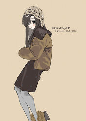  1girl absurdres artist_name black_eyes blush brown_background brown_coat brown_hair brown_shoes brown_skirt chinese_commentary coat commentary_request dated fashion feet_out_of_frame flower_symbol from_side fur-trimmed_coat fur_trim grey_pantyhose hat heart highres long_hair long_sleeves looking_at_viewer original pantyhose polka_dot polka_dot_skirt rika02nya see-through_hat shoes simple_background skirt solo standing yellow_hat 