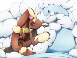  1girl altaria animal_ears beak bird bird_tail black_eyes black_fur black_sclera brown_fur closed_mouth colored_sclera commentary_request feathers fluffy furry furry_female highres kaoru3957 looking_at_viewer lopunny mega_altaria mega_evolution mega_lopunny mega_pokemon multicolored_fur no_humans pink_eyes pokemon pokemon_(creature) pokemon_focus pokemon_omega_ruby_and_alpha_sapphire rabbit_ears rabbit_tail solo tail white_feathers white_wings wings 