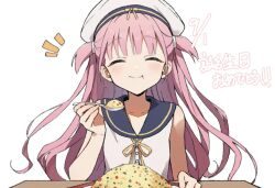  1girl :t ^_^ blunt_bangs blush closed_eyes closed_mouth commentary dated dress dress_ribbon eating facing_viewer floating_hair food fried_rice happy happy_birthday hat holding holding_spoon k4lmy katou_umi long_hair notice_lines pink_hair ribbon sailor_dress sailor_hat simple_background sitting sleeveless sleeveless_dress smile solo spoon summer_pockets two_side_up upper_body very_long_hair white_background white_dress white_hat yellow_ribbon 
