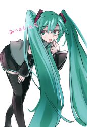  1girl :d absurdres bent_over black_boots black_skirt black_sleeves blue_eyes blue_hair blue_nails blue_necktie boots collared_shirt commentary_request dated detached_sleeves feet_out_of_frame finger_to_cheek fingernails grey_shirt hair_ornament hatsune_miku highres index_finger_raised kyuu_(que_9) leaning_forward long_hair long_sleeves looking_at_viewer miku_day miniskirt necktie open_mouth pleated_skirt shirt simple_background skirt sleeveless sleeveless_shirt smile solo thigh_boots twintails very_long_hair vocaloid white_background 