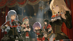  5girls amoris_(bang_dream!) ascot ave_mujica_(bang_dream!) bang_dream! bang_dream!_it's_mygo!!!!! beret black_ascot black_capelet black_corset black_gloves black_hair black_ribbon blonde_hair blue_hair breasts brooch capelet chinese_commentary closed_mouth commentary_request copyright_name copyright_notice corset curtains doloris_(bang_dream!) earrings gloves green_hair guest_art hair_ribbon hand_on_own_chest hand_on_own_hip hands_up hat highres indoors interlocked_fingers jewelry leaning_forward long_hair long_sleeves medium_hair misumi_uika mortis_(bang_dream!) multiple_girls oblivionis_(bang_dream!) official_art one_eye_closed open_mouth own_hands_clasped own_hands_together purple_hair red_capelet red_hat red_shirt ribbon see-through_clothes see-through_sleeves shirt short_hair short_sleeves sidelocks smile stage star_(symbol) timoris_(bang_dream!) togawa_sakiko toto_(caaaaarrot) two_side_up v violet_eyes wakaba_mutsumi white_ascot yahata_umiri yellow_eyes yuutenji_nyamu 