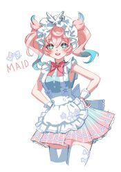  1girl :d apron aqua_eyes aqua_hair blue_hair blush bow commentary cropped_legs dress gradient_clothes gradient_dress gradient_hair hair_between_eyes hands_on_own_hips highres honkai:_star_rail honkai_(series) hyacine_(honkai:_star_rail) looking_at_viewer maid maid_headdress multicolored_hair open_mouth pink_hair red_bow ribbon simple_background smile solo teeth ttapaca twintails two-tone_hair untranslatable_commentary upper_teeth_only waist_apron white_apron white_background 