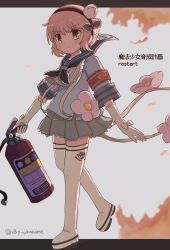  1girl armband artist_name black_hairband bud commentary_request fire flower gloves grey_skirt hair_flower hair_ornament hairband highres holding_fire_extinguisher magical_girl mahou_shoujo_ikusei_keikaku mahou_shoujo_ikusei_keikaku_restart petals pink_hair pleated_skirt sailor_collar school_uniform serious short_hair skirt snow_white_(mahoiku) spoilers thigh-highs v8y_vkaname white_flower white_gloves white_thighhighs yellow_eyes 