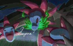  black_sclera breath_weapon breathing_fire colored_sclera commentary_request fire grass green_fire hydreigon night no_humans open_mouth outdoors pokemon pokemon_(creature) red_eyes seyana_(seyanaillust) signature solo 
