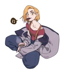  1girl beamed_eighth_notes blonde_hair blue_pants brown_eyes chinese_commentary chocolate_chip_cookie coat_partially_removed collarbone commentary_request cookie cup doctor_who food food_in_mouth full_body highres holding holding_cup indian_style juanmao long_sleeves looking_at_viewer mouth_hold musical_note pants red_shirt shirt short_hair simple_background sitting solo spoken_musical_note steam steaming_cup suspenders the_doctor_(doctor_who) thirteenth_doctor_(doctor_who) white_background 