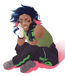  1girl absurdres asymmetrical_gloves bandaid bandaid_on_face bandaid_on_nose blue_hair buck_teeth clothes_around_waist commentary deolkai electro_andes gloves highres kiwi_(electro_andes) mismatched_gloves multicolored_hair pink_hair shirt shirt_around_waist teeth two-tone_hair white_gloves 