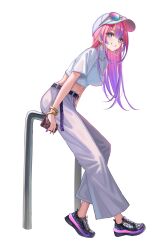  1girl alternate_costume baseball_cap belt black_belt black_shoes blue_eyes bracelet breasts casual colored_inner_hair commentary_request earrings eyewear_on_headwear full_body gold_bracelet gold_necklace gradient_hair grey_pants hat highres holding holding_wallet hololive hololive_dev_is hoop_earrings jewelry kikirara_vivi long_hair looking_at_viewer medium_breasts midriff multicolored_hair necklace pants parted_lips pink_hair purple_hair sa-ya2 shirt shoes short_sleeves simple_background sitting smile sneakers solo star-shaped_pupils star_(symbol) symbol-shaped_pupils transparent_background turtleneck turtleneck_shirt two-tone_hair virtual_youtuber wallet white_hat white_shirt 