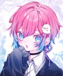  1boy absurdres androgynous black_choker blue_hair blue_sweater blush choker collared_shirt colored_eyelashes ghost_hair_ornament gradient_hair hair_ribbon highres male_focus multicolored_hair noma_ebi open_mouth original pink_hair purple_hair purple_ribbon ribbon shirt short_hair sleeves_past_fingers sleeves_past_wrists solo sweater white_shirt yume_kawaii 