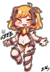  1girl absurdres ahoge blush_stickers chest_jewel chibi chibi_only commentary_request fang full_body gem highres ifrit_(trickcal) korean_commentary looking_at_viewer medium_hair navel open_mouth orange_eyes orange_hair rogue_dojeog smile solo trickcal white_background 