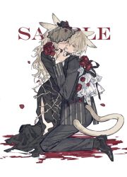 1boy 1girl animal_ears black_dress black_pants blonde_hair blood cat_boy cat_ears cat_girl cattail closed_eyes dress flower formal_clothes gougougougou highres jacket kneeling long_hair long_sleeves original pants petals plant rabbit_ears red_flower red_rose rose rose_petals short_hair simple_background suit tail thorns veil white_background 