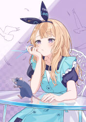  1girl alice's_adventures_in_wonderland alice_(alice_in_wonderland) apron aqua_apron arm_on_table bird black_hairband black_ribbon black_shirt blonde_hair blush bow_hairband buttons chair checkered_background closed_mouth commentary_request dress elbow_on_table elbow_rest falling_feathers feathers feet_out_of_frame frilled_apron frills glint hair_ribbon hairband hand_on_own_face hand_up head_on_hand head_rest highres holding holding_scissors long_hair looking_at_animal mouse_(animal) on_chair partial_commentary purple_background raised_eyebrow ribbon scissors shirt short_sleeves sidelocks simple_background sitting solo swept_bangs table two-tone_background violet_eyes wakuseiy white_background white_dress 