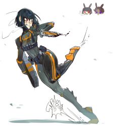  1girl absurdres ammunition_belt belt_pouch black_bodysuit black_boots bob_cut bodysuit boots clenched_teeth combat_knife commentary_request full_body hai000_0 heathcliff_(project_moon) highres holding holding_knife knife korean_commentary limbus_company orange_trim pouch project_moon r_corp._(identity)_(project_moon) red_eyes ryoshu_(project_moon) short_hair solo teeth weapon 