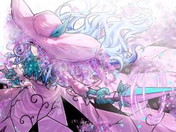  1girl an233gle angela_(project_moon) aqua_gloves blue_hair closed_mouth commentary dress e.g.o_(project_moon) english_commentary faint_aroma_(e.g.o) flower gloves hat highres holding holding_sword holding_weapon library_of_ruina long_hair looking_at_viewer pink_dress pink_flower pink_hat pink_theme project_moon smile solo sword very_long_hair wavy_hair weapon yellow_eyes 