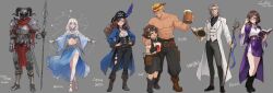  3boys 4girls ;) abs adjusting_eyewear armor aurora_lunacrestum bare_shoulders barefoot beer_mug bhairavi_(monumenta) black_boots black_shirt blue_cape book boots breastplate brown_hair cape character_name coat commentary constellation corset covered_face cup curled_horns detached_sleeves dress english_commentary eyewear_on_head floating_hair full_body goggles gold_trim grey_hair grin hand_on_another's_shoulder hands_on_own_hips hat hat_feather headband helmet highres holding holding_book holding_cup holding_polearm holding_staff holding_weapon horns indigo_(monumenta) izzy_(monumenta) levyn_(monumenta) monumenta mug multiple_boys multiple_girls muscular muscular_male one_eye_closed open_book outstretched_arms paper_box pectorals pelvic_curtain pirate_hat planted planted_polearm polearm purple_cape purple_skirt scabbard second-party_source sheath shirt shoulder_armor side_slit skirt smile staff topless_male tuulen_(monumenta) vargos_(monumenta) vest wavy_hair weapon white_coat white_dress white_hair white_shirt white_vest wide_sleeves 