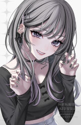  1girl barbell_piercing black_bow black_nails black_shirt bow commentary crop_top crossed_bangs ear_bow ear_piercing eyelashes from_above grey_eyes grey_hair grin hair_ornament hairclip highres industrial_piercing jewelry lace-trimmed_shirt lace_trim long_hair long_sleeves looking_at_viewer looking_up midriff multiple_hairclips multiple_rings nail_jewelry original pearl_hair_ornament piercing pink_lips ring saijou_yurika shirt shirt_bow simple_background smile solo straight_hair swept_bangs untranslatable_commentary upper_body watermark white_background 