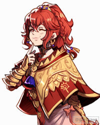  1girl anna_(fire_emblem) blush braid closed_mouth commentary fire_emblem fire_emblem:_fortune's_weave gold_trim grey_background gzei hair_ornament highres index_finger_raised lips long_hair looking_at_viewer one_eye_closed pink_lips ponytail red_eyes red_hair simple_background smile solo twitter_username 