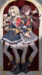  >:) 2girls artist_name belt belt_buckle black_boots black_jacket black_skirt blonde_hair blue_bow blue_eyes blunt_ends boots border bow brown_hair brown_hairband buckle closed_mouth commentary curtains dated floating_hair full_body fur-trimmed_jacket fur_trim grey_skirt hair_between_eyes hair_bow hair_ornament hairband half_updo hand_up heel_up highres holding holding_sword holding_weapon jacket jacket_on_shoulders long_hair long_sleeves looking_at_viewer miniskirt multiple_girls ornate_border outside_border parted_lips pleated_skirt red_jacket red_sash saijo_claudine sash shade shoujo_kageki_revue_starlight shoulder_sash side-by-side sidelocks single_horizontal_stripe skirt smile spotlight stage_curtains standing striped_clothes striped_skirt sword tassel tendo_maya v-shaped_eyebrows waist_cape weapon white_border x_hair_ornament yellow_belt zhe_li_(jelly0006) 