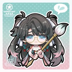 1girl aqua_eyes artist_logo bare_shoulders brown_hair commentary_request cropped_torso detached_sleeves dog-san flying_sweatdrops glasses highres holding holding_brush logo long_hair looking_at_viewer multicolored_hair round_eyewear semi-rimless_eyewear solo spoken_flying_sweatdrops straight-on streaked_hair tacet_mark_(wuthering_waves) under-rim_eyewear wavy_mouth wuthering_waves yellow-framed_eyewear zhezhi_(wuthering_waves) 