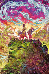  2023 5girls artist_logo beyond_real black_hair blonde_hair boots colored_sclera colored_skin colorful_background comic_cover cover cover_page dark-skinned_female dark_skin dress extra_arms florakinesis forest giant giantess green_skin hair_bun highres holding holding_polearm holding_weapon logo long_sidelocks multiple_girls nature official_art outdoors plant_hair polearm river saturated scenery short_hair sidelocks single_hair_bun single_sidelock standing_on_another's_head vinartwork weapon yellow_sclera 