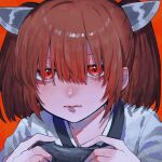  1girl blade brown_hair closed_mouth commentary controller dokusanchu expressionless game_controller hair_over_eyes half-closed_eyes hands_up headgear highres holding holding_controller holding_game_controller japanese_clothes kimono lips long_bangs looking_at_viewer orange_background portrait red_eyes simple_background solo touhoku_kiritan twintails voiceroid white_kimono 