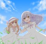  2girls :d aged_down arm_at_side assault_lily benini blonde_hair blue_sky blunt_bangs blurry blush bow braid clouds crossed_bangs day depth_of_field dress feet_out_of_frame floating_hair frilled_dress frills grass grey_hair hair_between_eyes hair_ribbon hand_on_headwear hand_up hat hat_bow highres kon_kanaho long_hair looking_at_another looking_at_object miyagawa_takane multiple_girls open_mouth outdoors puffy_short_sleeves puffy_sleeves purple_bow purple_ribbon raised_eyebrows ribbon short_sleeves side_braid sidelocks sky smile standing sun_hat violet_eyes white_dress white_headwear yellow_eyes 