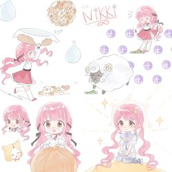 1girl :q =_= ^^^ ahoge aliu6624 animal bare_arms basket belt black_belt black_bow black_ribbon boots bow bow_choker bowtie brown_eyes cat character_name chibi chinese_commentary choker circle_skirt closed_mouth clothed_animal collar commentary_request crying crying_with_eyes_open detached_collar ear_covers eating emphasis_lines eyelashes flower flying_sweatdrops frilled_anklet frilled_romper frilled_shirt frilled_skirt frilled_sleeves frills from_side frustrated gameplay_mechanics grass hair_bow hair_ornament hair_ribbon happy hat head_only high_collar highres holding holding_basket hood hood_up infinity_nikki infinity_symbol kneehighs kneeling long_hair long_sidelocks long_sleeves looking_at_viewer low_twintails medium_skirt mini_person minigame minigirl momo_(nikki) motion_lines multiple_views nikki_(nikki) nikki_(series) off-shoulder_shirt off_shoulder on_head perfect_start_(infinity_nikki) pink_bow pink_bowtie pink_choker pink_hair pink_shoes pink_skirt pleated_skirt pom_pom_(clothes) puffy_long_sleeves puffy_short_sleeves puffy_sleeves pumpkin purple_bow purple_bowtie purple_collar purple_romper purple_thighhighs red_bow red_bowtie ribbon romper running sheep shirt shoes short_sleeves sidelocks simple_background skirt socks sparkle square_neckline standing star_(symbol) star_hair_ornament starlet_burst_(infinity_nikki) streaming_tears tareme teardrop tearing_up tears thigh-highs tongue tongue_out traditional_bowtie tress_ribbon twintails very_long_hair water_drop wavy_hair white_background white_boots white_cat white_flower white_hat white_shirt white_skirt white_socks yellow_flower yellow_hood 