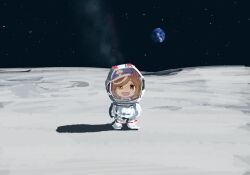  4me_4ma animal_ears astronaut commentary earth_(planet) hair_ornament hairclip hat helmet highres horse_ears horse_girl matikanetannhauser_(umamusume) moon open_mouth planet solo space space_helmet star_(sky) 