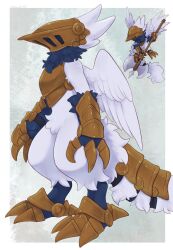  absurdres armor armored_tail claws commentary_request creature feathered_wings feathers full_body furry golden_armor halberd helmet highres mochiri_(mochiri_work) polearm profile signature simple_background solo standing tail weapon white_feathers wings 