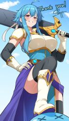  1girl absurdres ahoge armor belt blue_hair blue_sky blue_tunic blush boots breastplate brooch clouds commentary_request commission commissioner_upload elbow_gloves fire_emblem fire_emblem:_genealogy_of_the_holy_war gloves gloves_over_elbow_gloves headband highres holding holding_sword holding_weapon jewelry looking_at_viewer original outdoors over_shoulder popped_collar sash selia_(mrtalkingdino) sheath sheathed short_hair sidelocks skeb_commission sky sleeveless smile solo surippa1010 sword thigh-highs tomboy tunic violet_eyes weapon weapon_over_shoulder white_headband x_x 