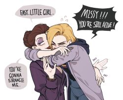  2girls afterimage blue_pants brown_hair chinese_commentary closed_eyes coat commentary_request crying doctor_who english_text eyeshadow flying_sweatdrops hair_bun highres holding hood hood_down hooded_coat hug jacket juanmao makeup missy_(doctor_who) motion_lines multiple_girls open_mouth pants patting_back purple_eyeshadow purple_jacket simple_background single_hair_bun smile speech_bubble the_doctor_(doctor_who) thirteenth_doctor_(doctor_who) upper_body white_background 